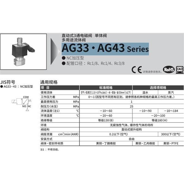 CKD喜開理多種流體直動式2通電磁集成閥AG33-02-1-DC 12V