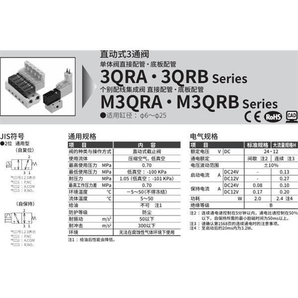 CKD喜開理直動式3通電磁閥M3QRB130-M5-D3H-20-4