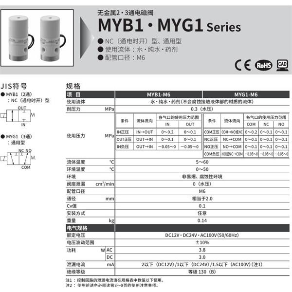 CKD喜開理無金屬2?3通電磁閥MYG2-6-AC100V