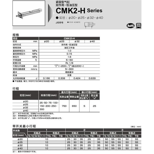 CKD喜開(kāi)理緊固型氣缸CMK2-H-CC-20-100-T0H-R-JI
