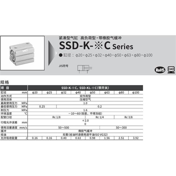 CKD喜開(kāi)理超級(jí)緊湊型氣缸SSD-KL-100C-10-T0H-R-N-LB-I