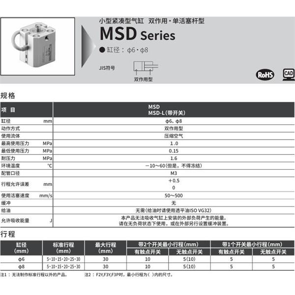 CKD喜開理小型帶線性導(dǎo)軌緊湊型氣缸MSD-8-20-R