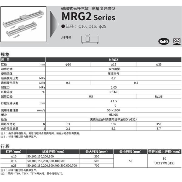 CKD喜開理磁耦式高精度導軌型氣缸MRG2-25-50-A